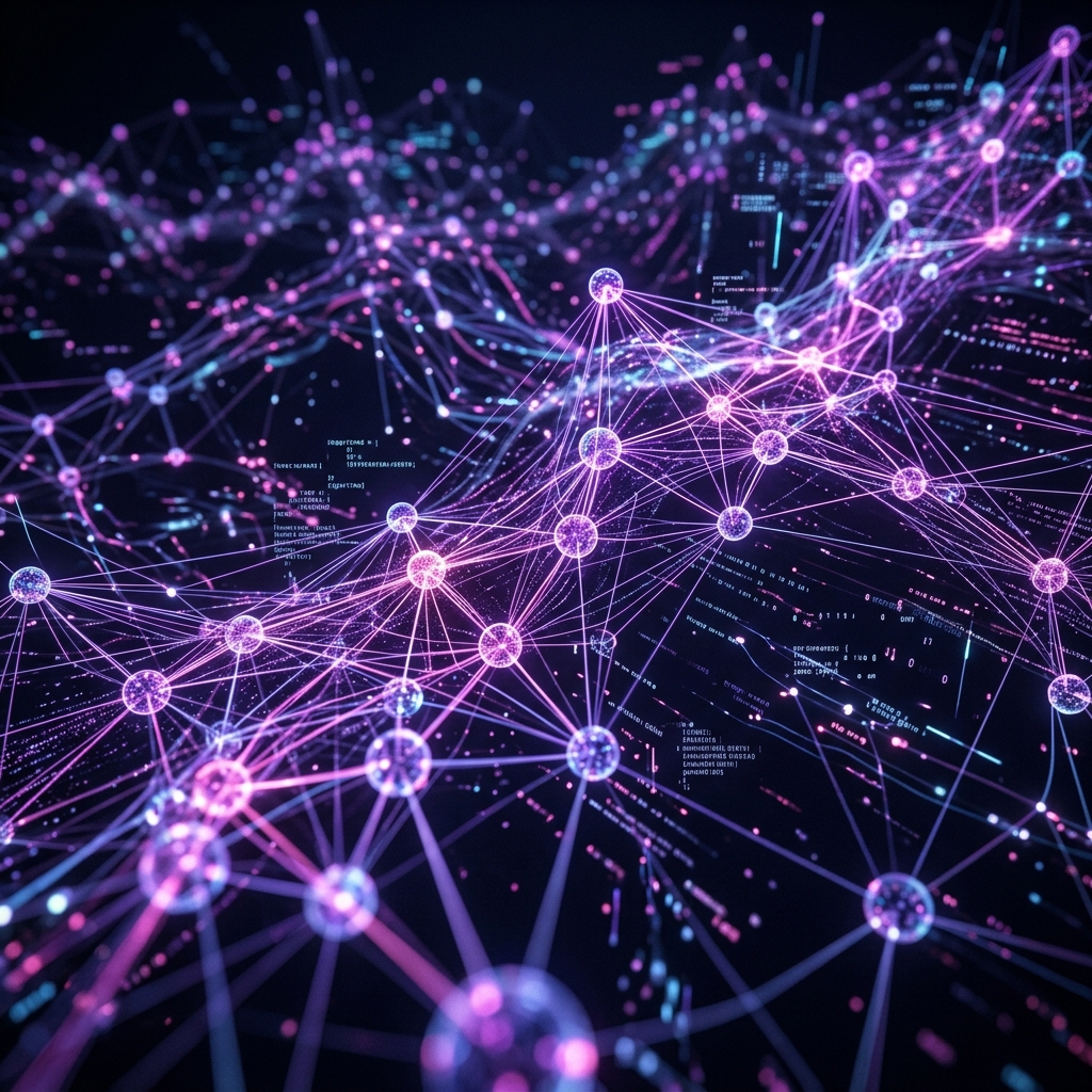 Neural network nodes interconnected by glowing light filaments