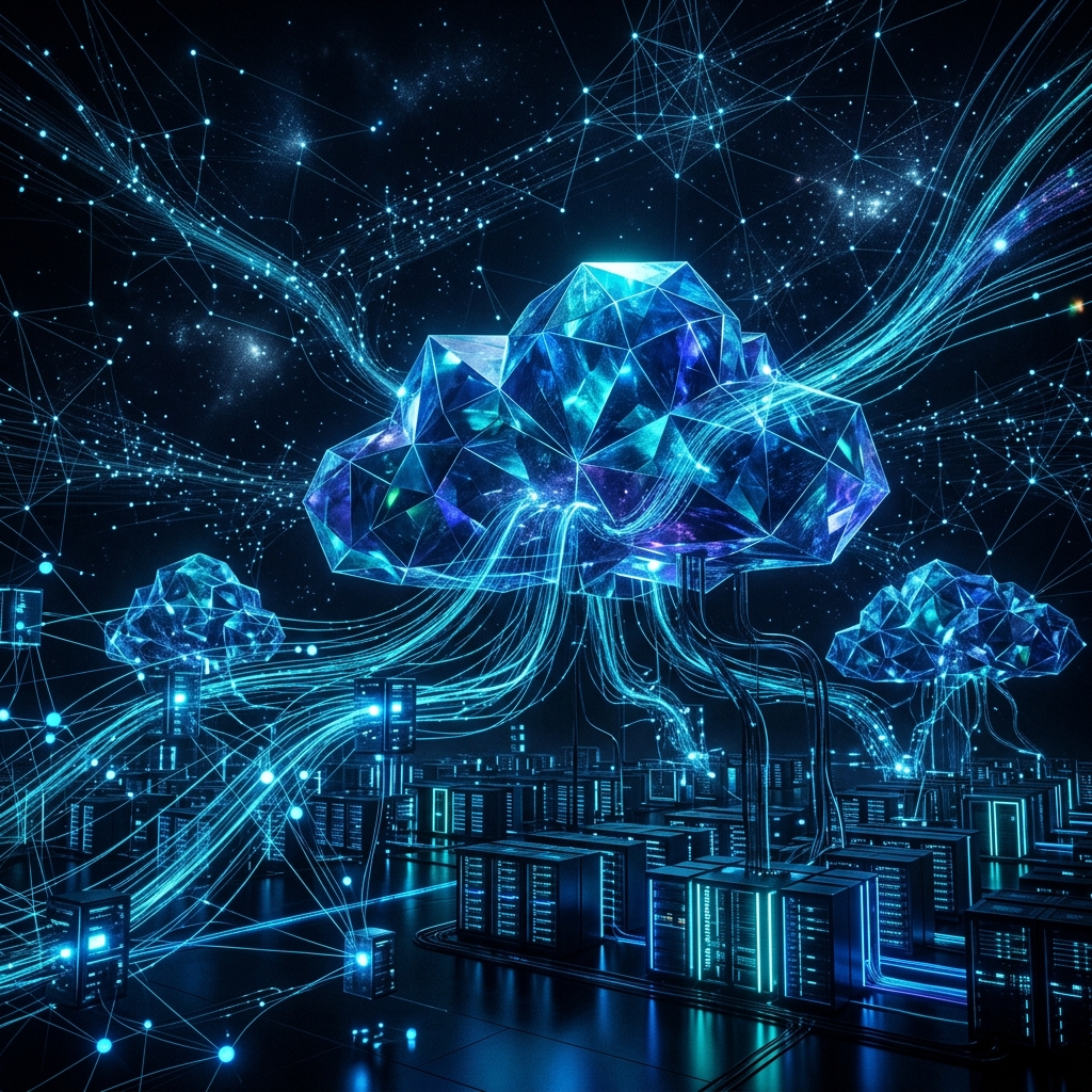 Interconnected server nodes with flowing cyan data streams